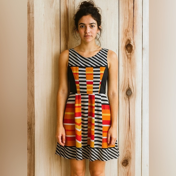 NY Collection Size Medium Orange/Black Patterned Flared Summer Sleeveles Dress - Picture 3 of 3